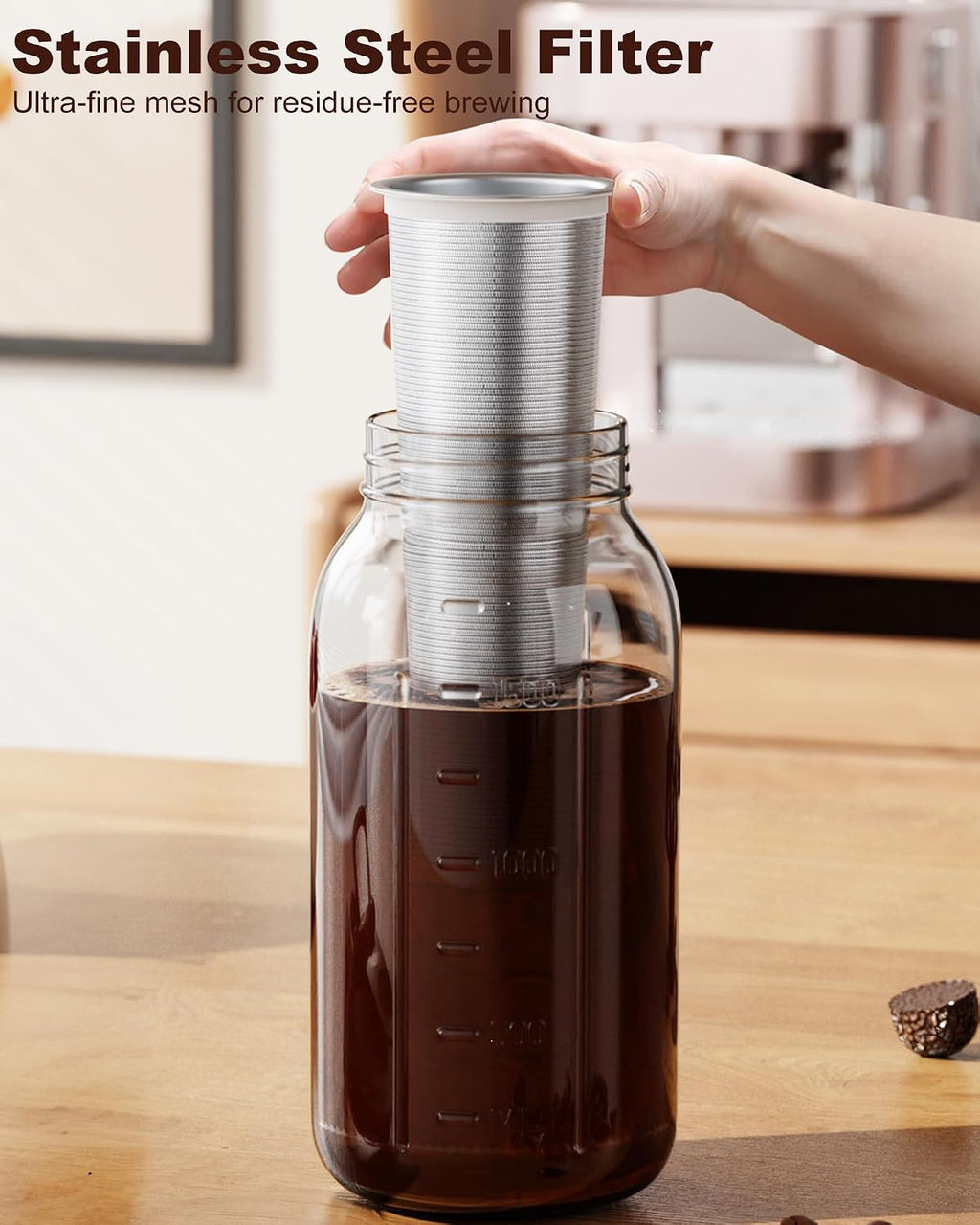 64 oz Cold Brew Coffee Maker, Mason Jar Pitcher with 304 SS Filter | 100μm Fine Mesh, Stainless Steel Filter