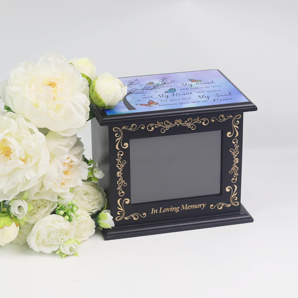 Wooden Urn Box for Ashes Cremation Urns for Human Ashes Adult Male or Female, Memorial Keepsake Urns with Photo