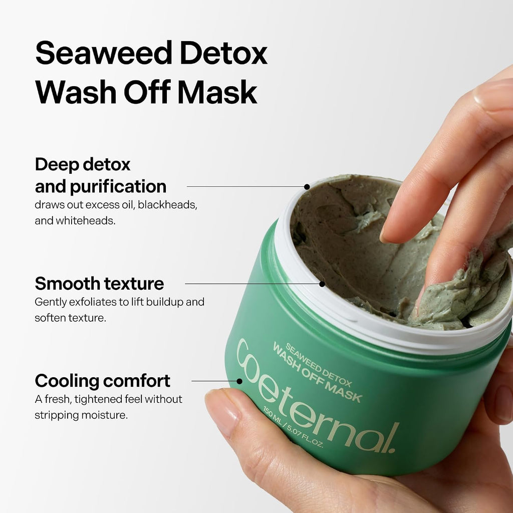 Seaweed Detox Wash Off Mask, Cooling Korean Clay Mask with Bentonite, Kaolin, Glycerin & Seaweed Extracts for Pore