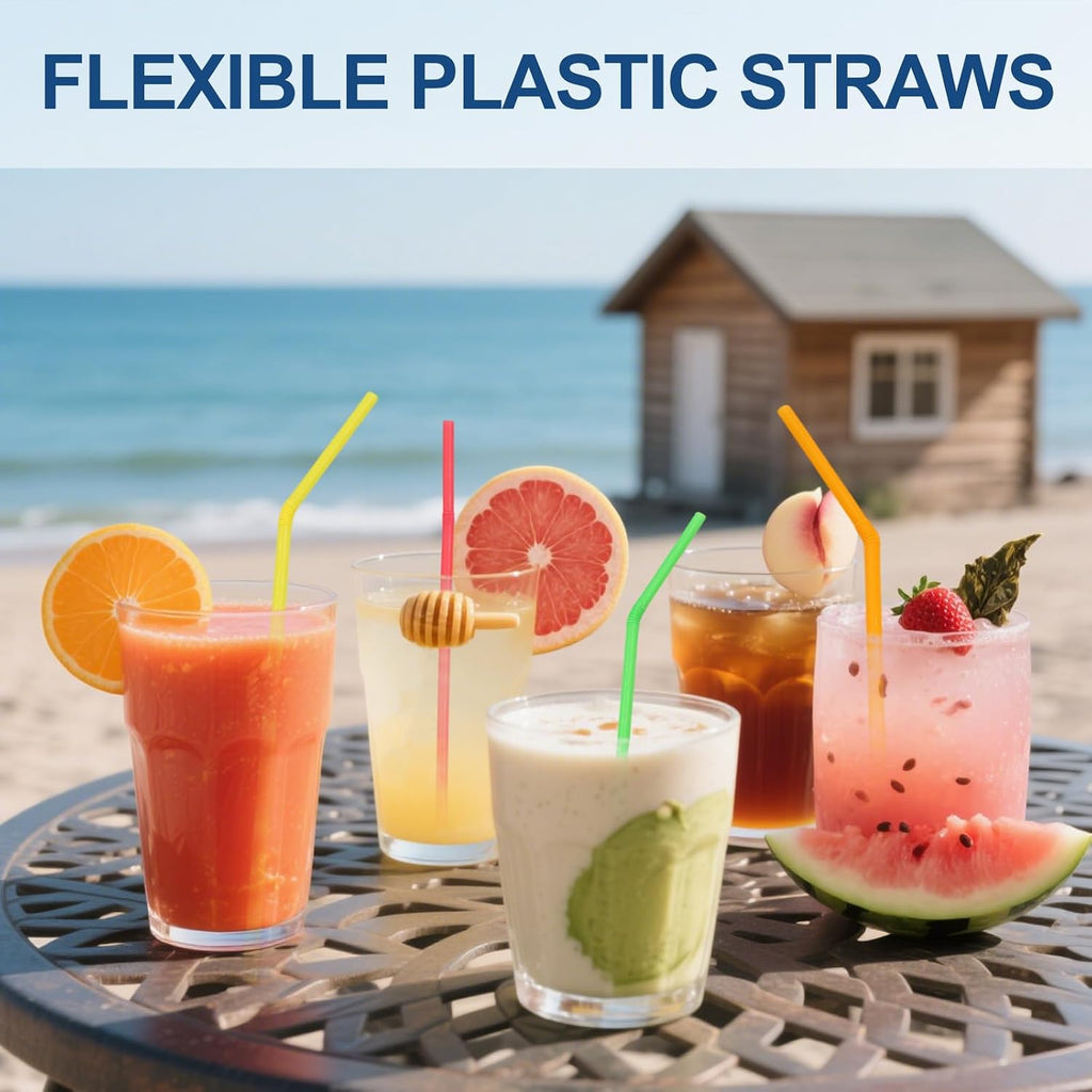[200 Pack] 8.5" High Multicolour Flexible Plastic Straws