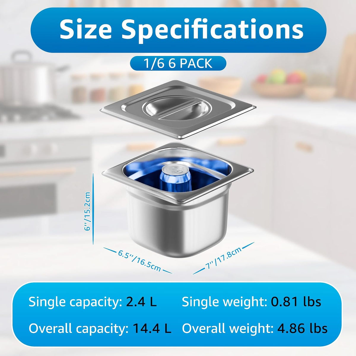 1/6 Size Hotel Pans with Lids | 6" Deep (6 Pack) | Anti-Jam Lug