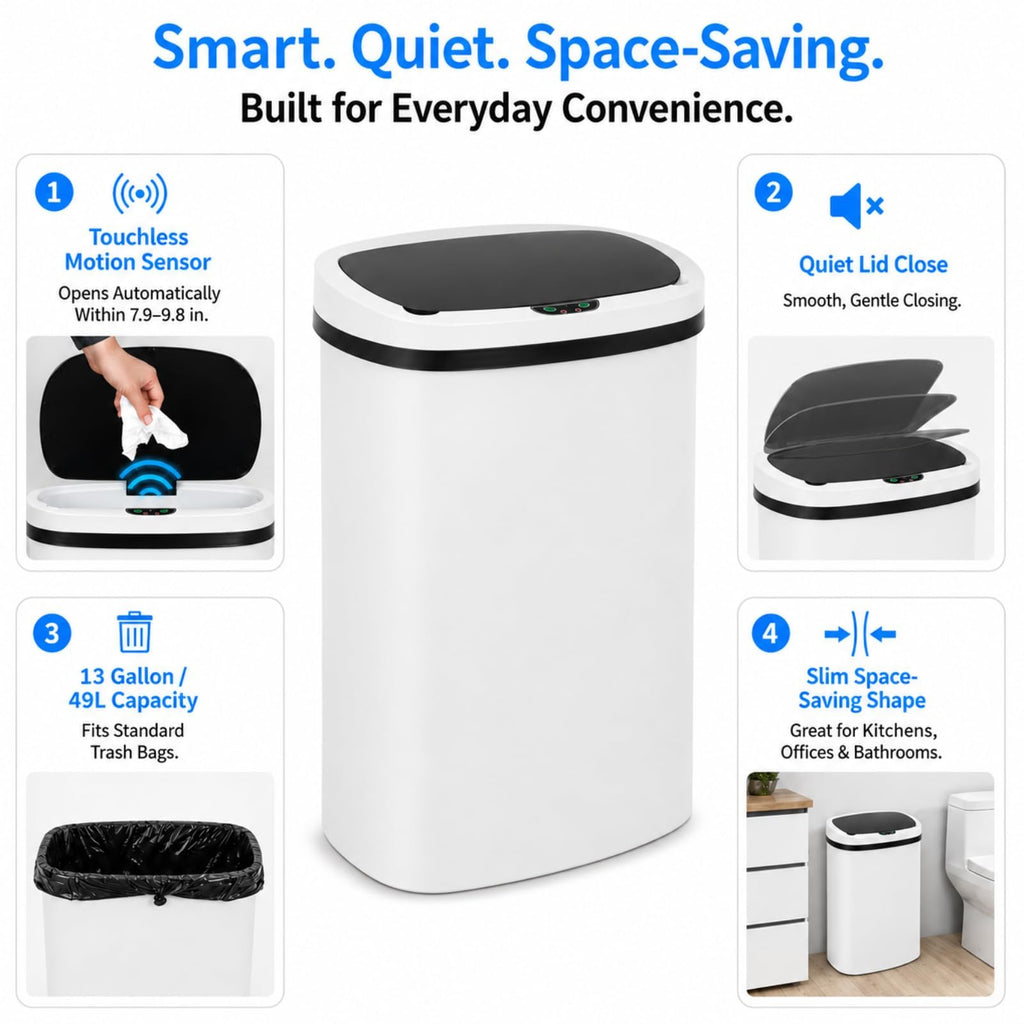 13 Gallon Touchless Trash Can, White, PP Plastic