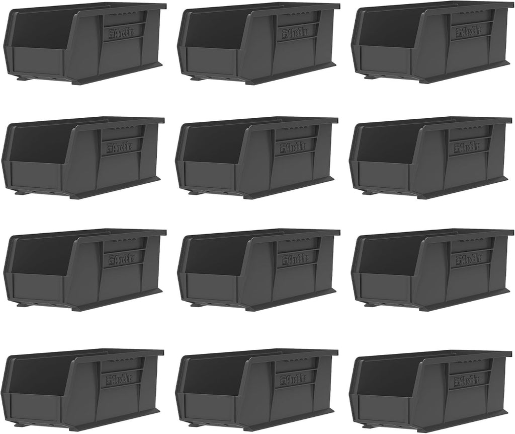 30234 AkroBins Plastic Storage Bins, 15"x5"x5", Black, 12-Pack | Space-Saving Stackable Bins for Garage, Pantry
