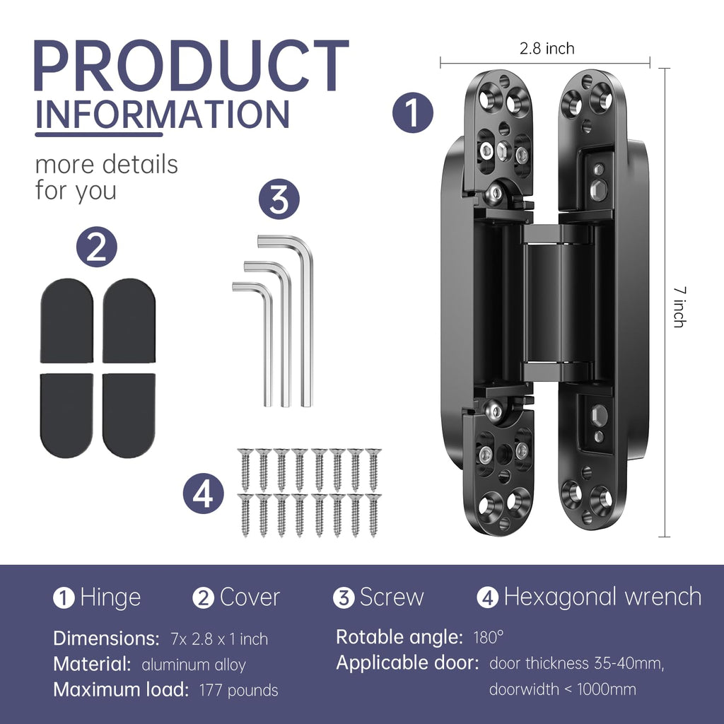 2PCS 7 Inch Invisible Concealed Door Hinges 180 Degree Swing Hinge (Black)