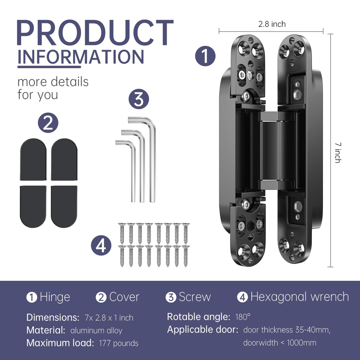 2PCS 7 Inch Invisible Concealed Door Hinges 180 Degree Swing Hinge (Black)