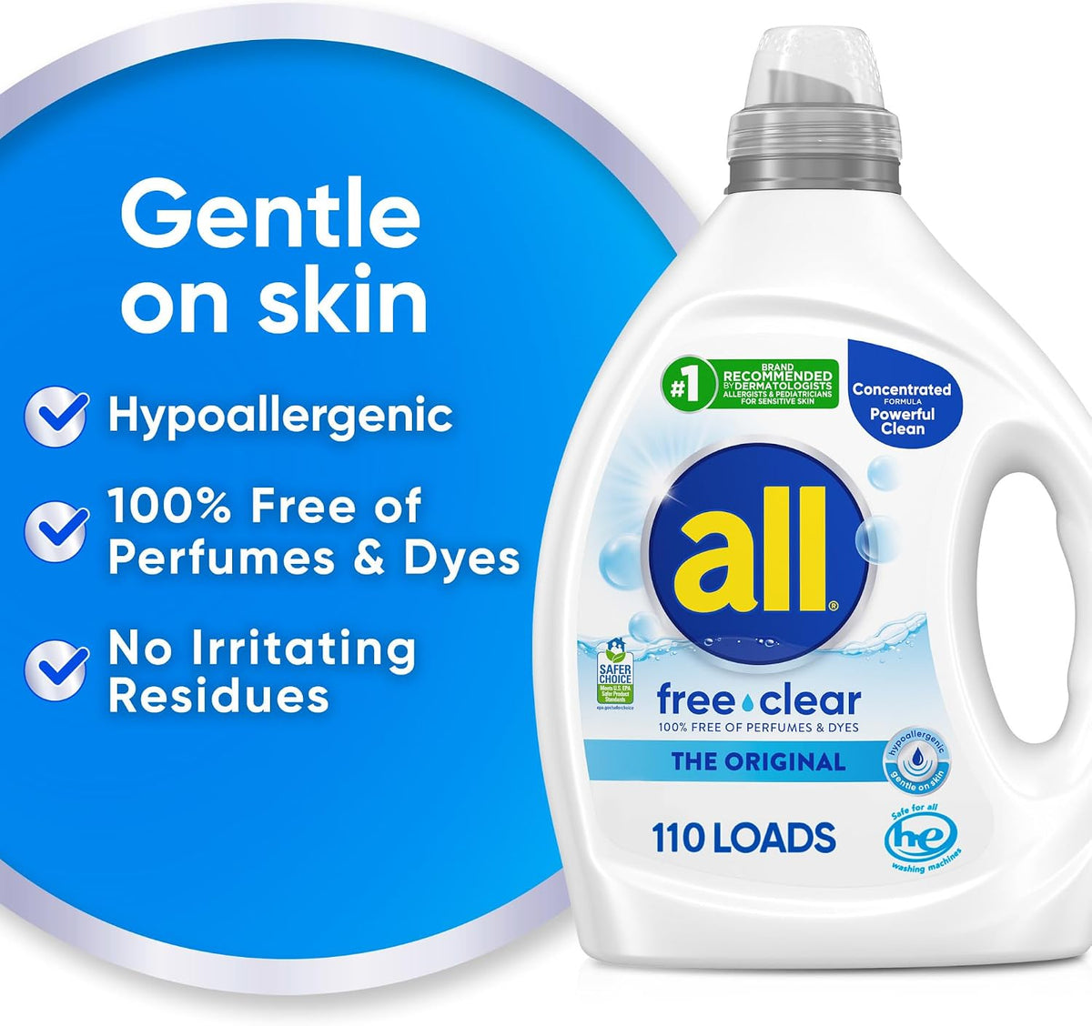 free clear, Original, Liquid Laundry Detergent for Sensitive Skin, Unscented and Hypoallergenic, Concentrated