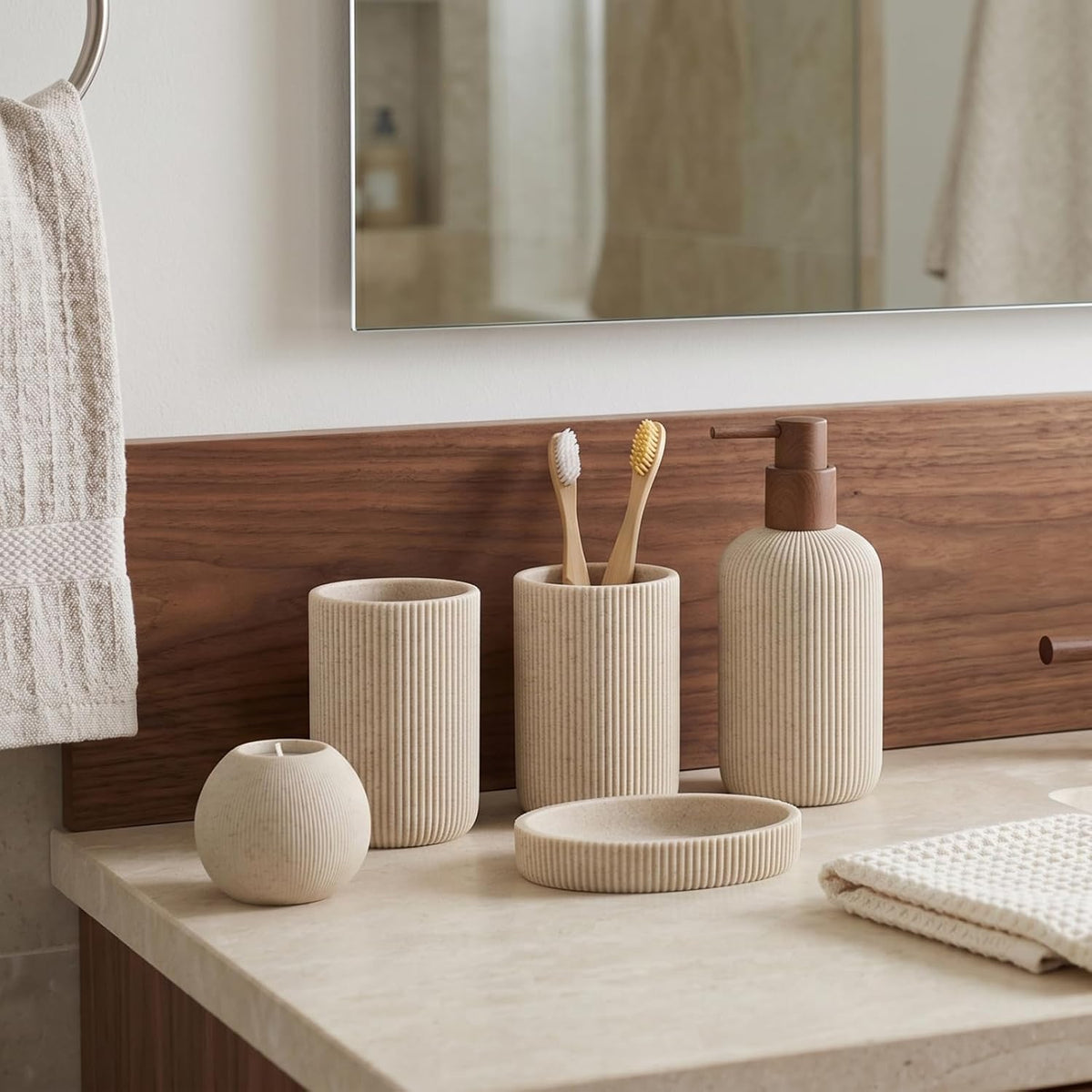 Bathroom Accessories Set, 5 PCS Modern Bath Organizer, Beige | Sandstone Look, Stripe,13.53 OZ Soap