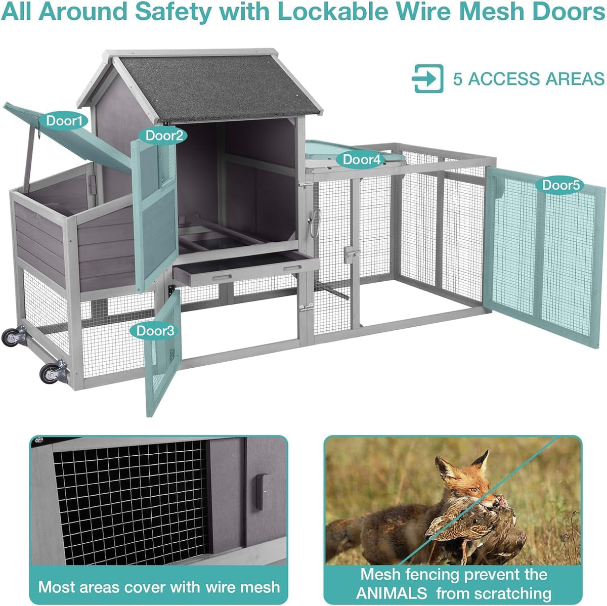 Chicken Coop for 2-4 Chickens,Outdoor Chicken House with Wheels, Nesting Box, Leakproof Pull-on Tray and UV-Resistant