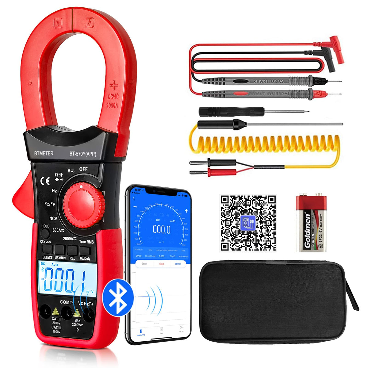 BTMETER Digital Clamp Meter Multimeter, 6000 Counts Bluetooth Multimeter, 2000A AC/DC Amp Tester, Measures Voltage, Ohms, Capacitance, Frequency, Temperature, NCV with Data Logging 570Y-APP