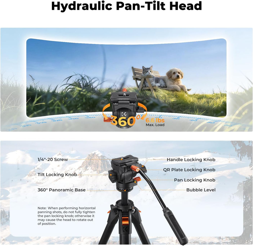 73" Camera Tripod with Fluid Head | Aluminum Travel Tripod, Smooth Pan/Tilt for DSLR/Mirrorless/Camcorder, Max Load