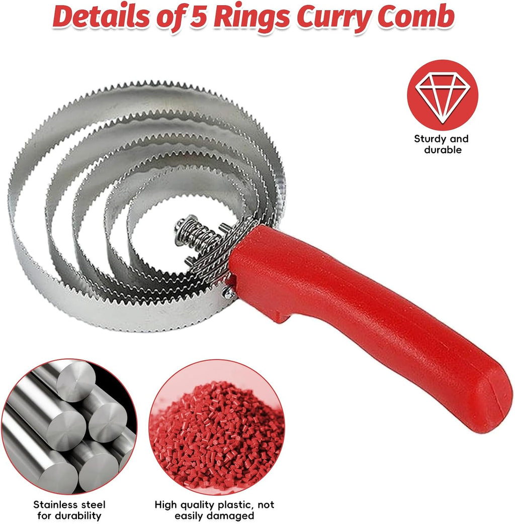 5 Rings Curry Comb Horse Brush Scraper Reversible Stainless Steel Livestock Shedding Comb with Soft Touch Grip for