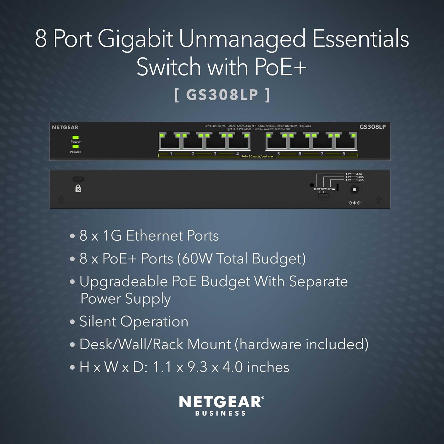 8-Port PoE Gigabit Ethernet Unmanaged Network Switch (GS308LP) | Essentials Model with 8 x PoE+ Ports @ 60W
