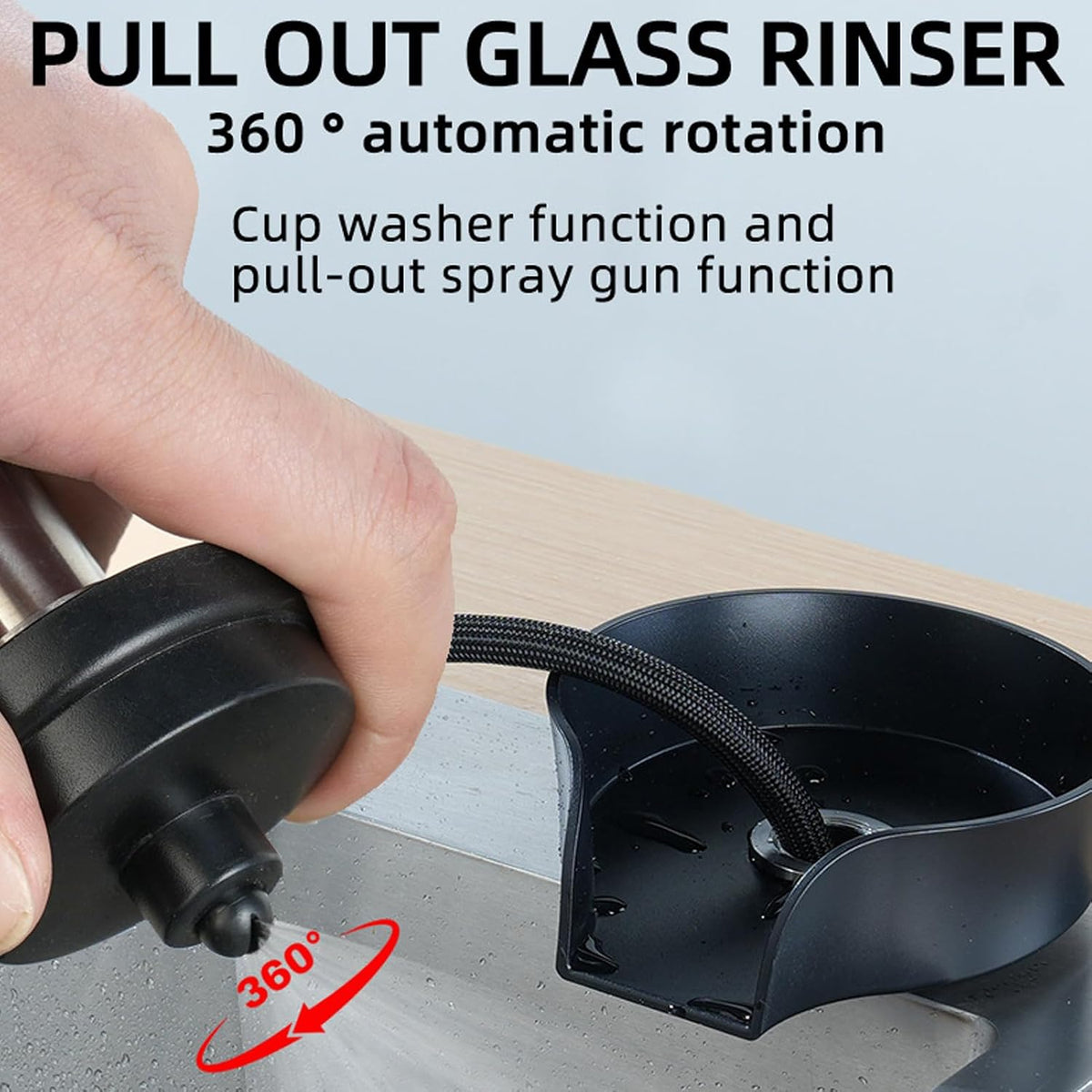 Automatic Glass Washer Cup Rinser, 360 Degree Rotating Spout Sink Accessory Stainless Steel Bottle Washer for