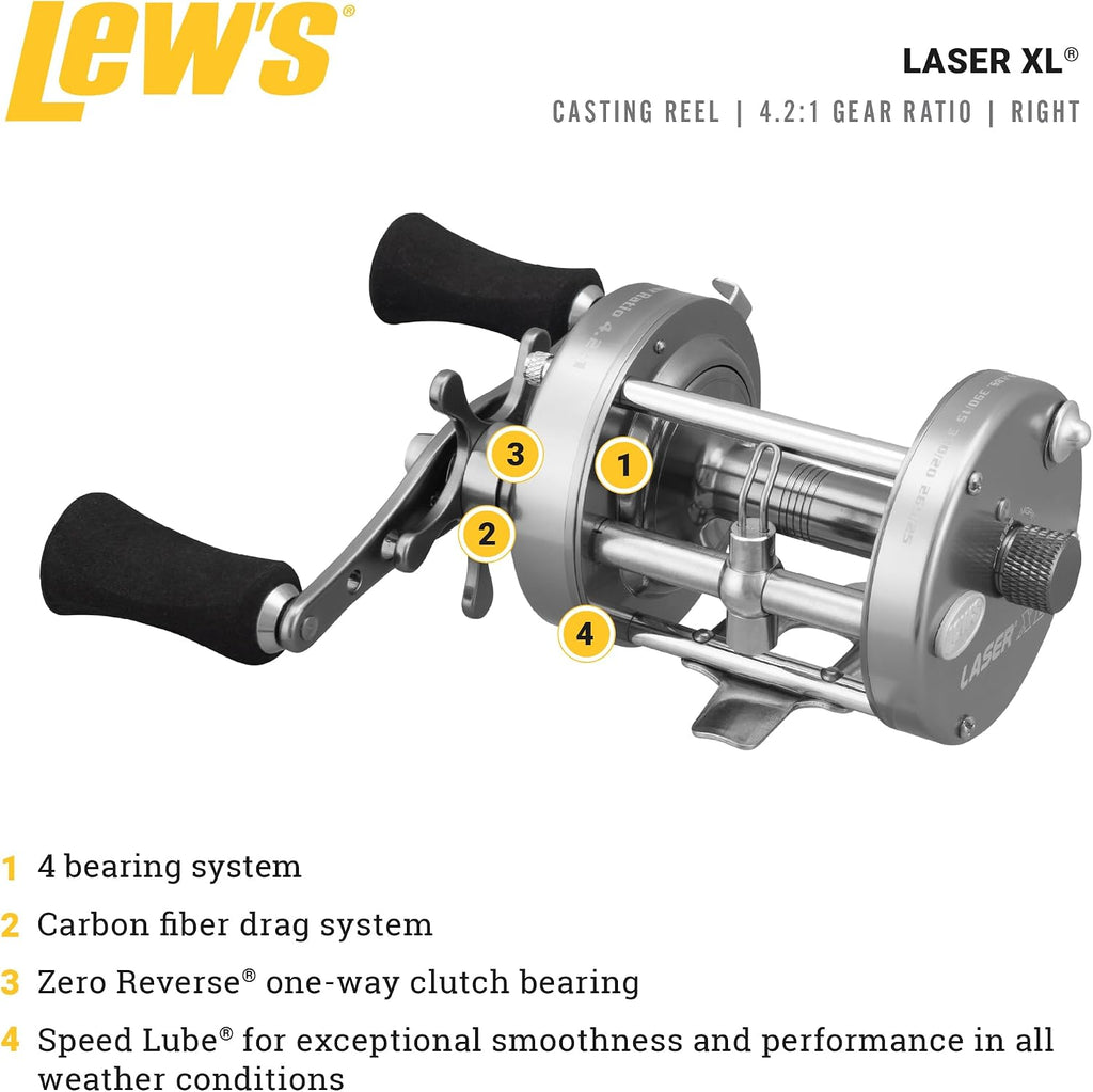 Laser XL Baitcast Fishing Reel, Right-Hand Retrieve, 4.2:1 Gear Ratio, 4 Bearing System