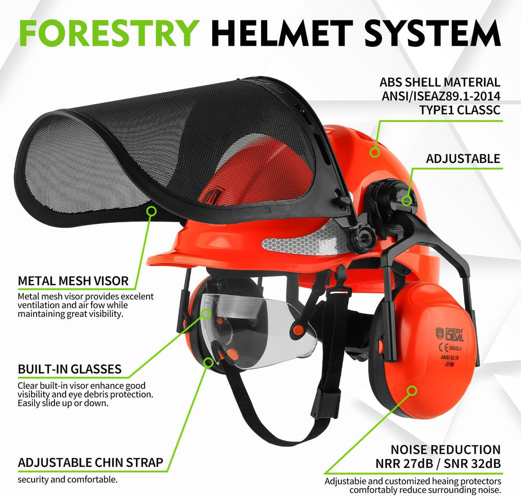 Chainsaw Safety Protective Helmet Forestry Helmet with Build-in Visor Mesh Face Shield Ear Muffs 4 in 1 Ideal for