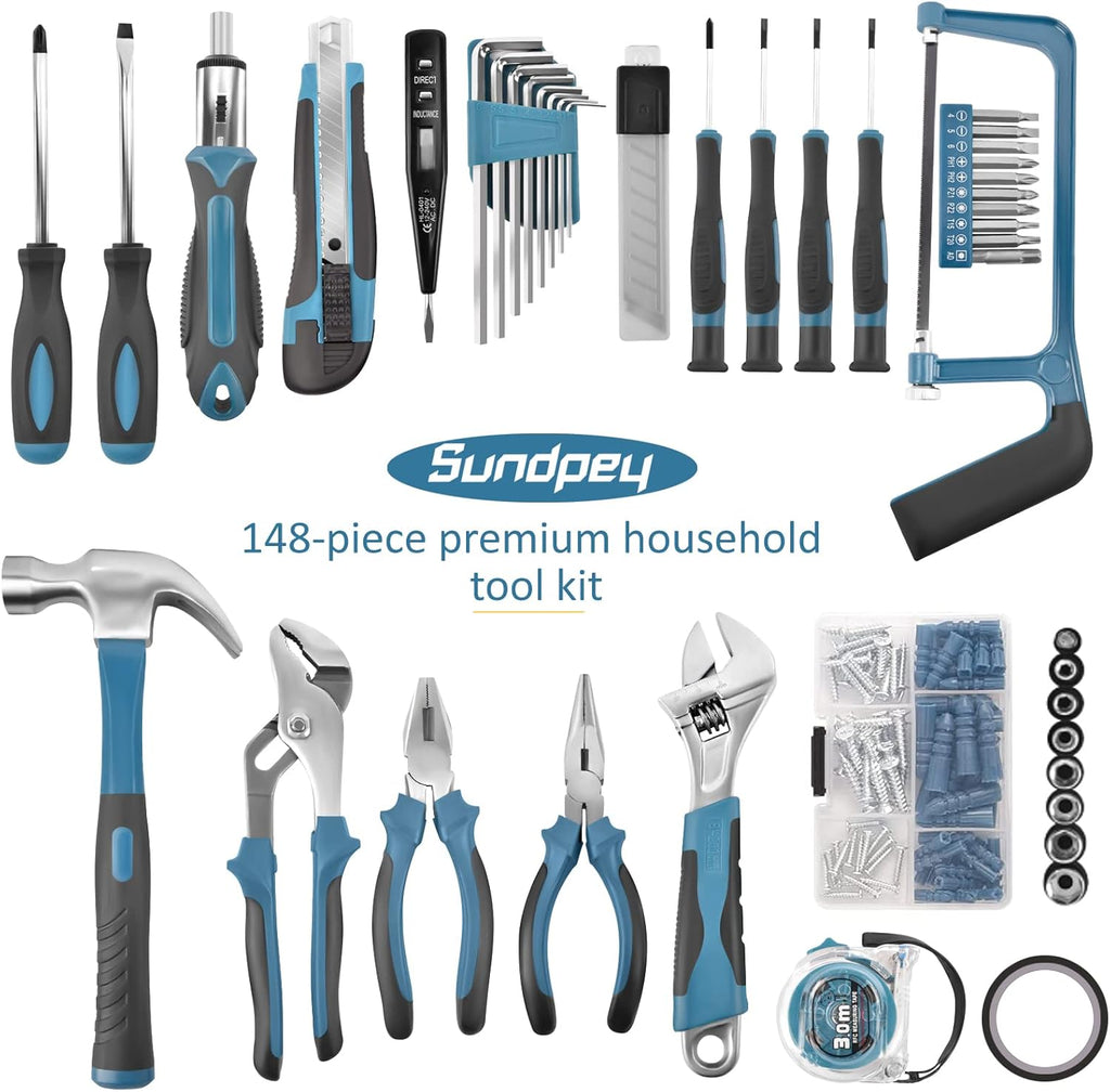 Home Tool Kit 148-Pcs - Household Basic portable Hand Repair Tool Set with Case & Ratcheting Screwdriver & Hex Key &