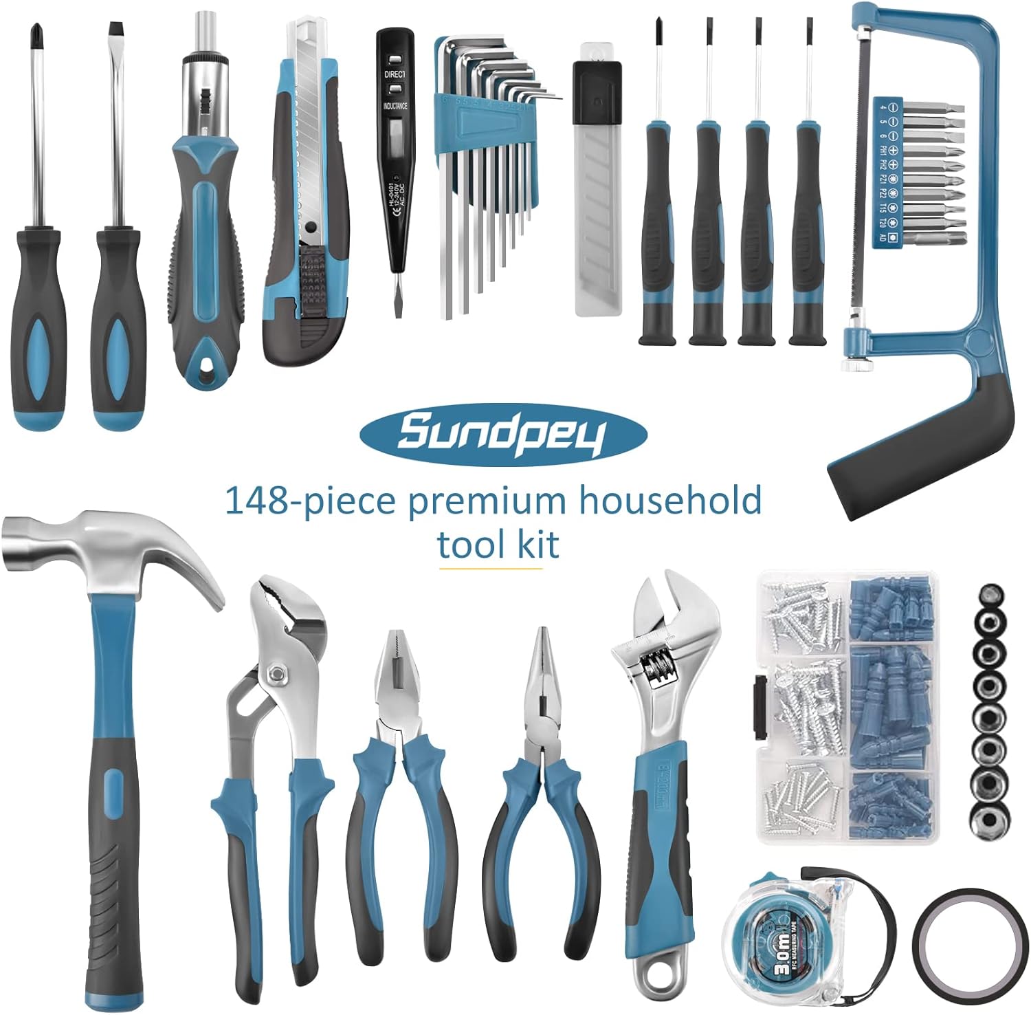 Home Tool Kit 148-Pcs - Household Basic portable Hand Repair Tool Set with Case & Ratcheting Screwdriver & Hex Key &