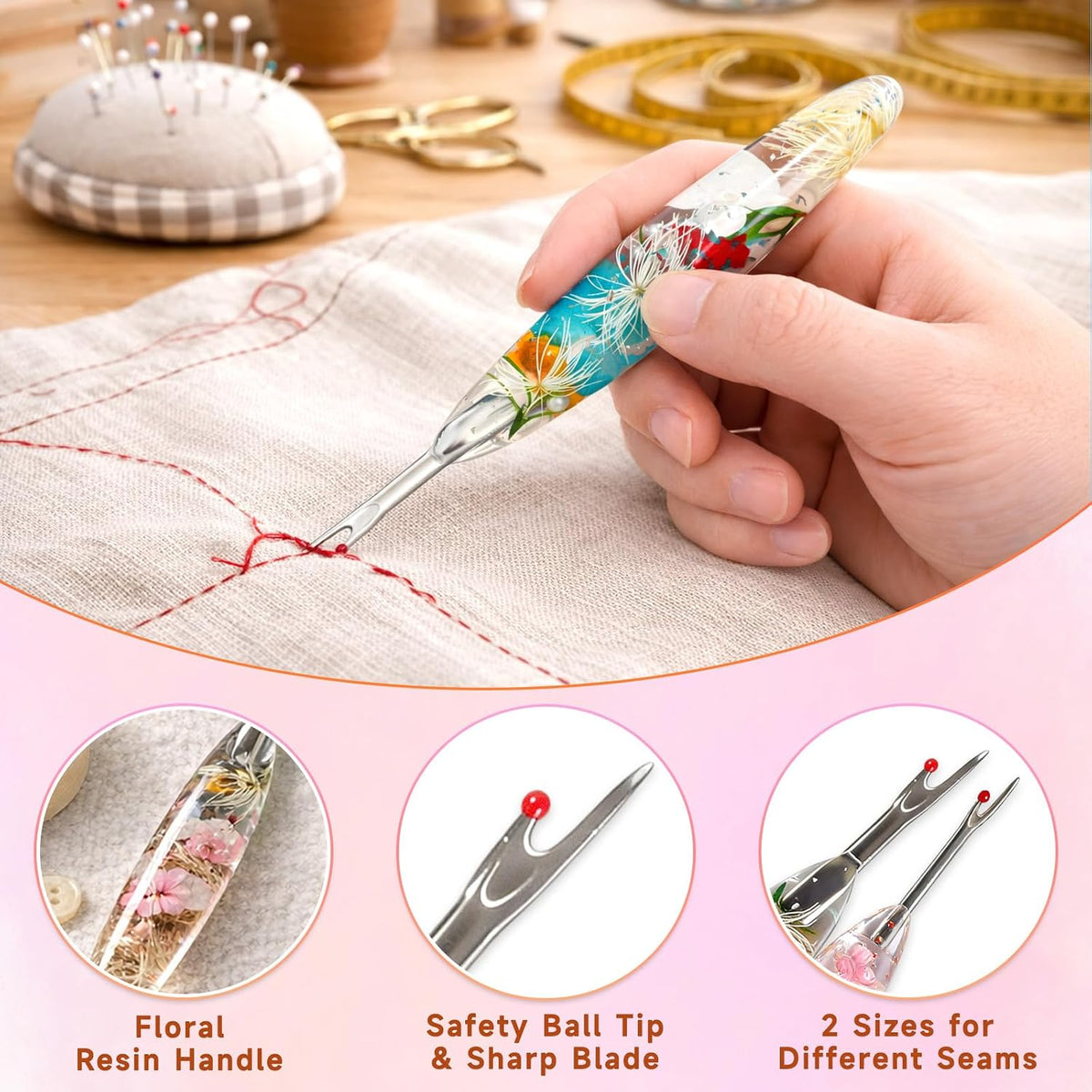 Seam Ripper Set, Small & Large Stitch Remover Tools with Resin Handles, Thread Pick Seam Cutter for Sewing, Stitch