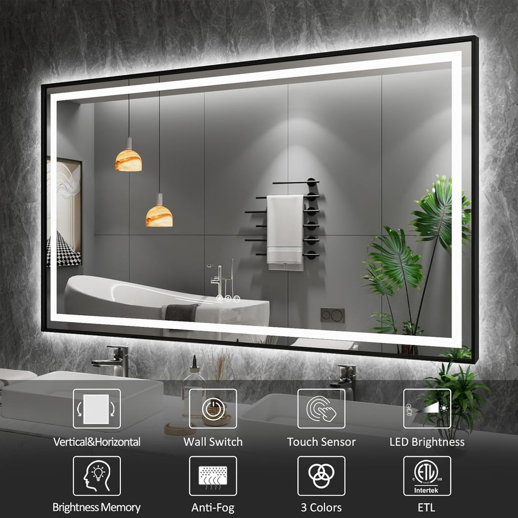 24"X32" LED Bathroom Mirror with Black Frame, Front Lit and Backlit | Metal Framed Mirror, Stepless Dimmable, HD