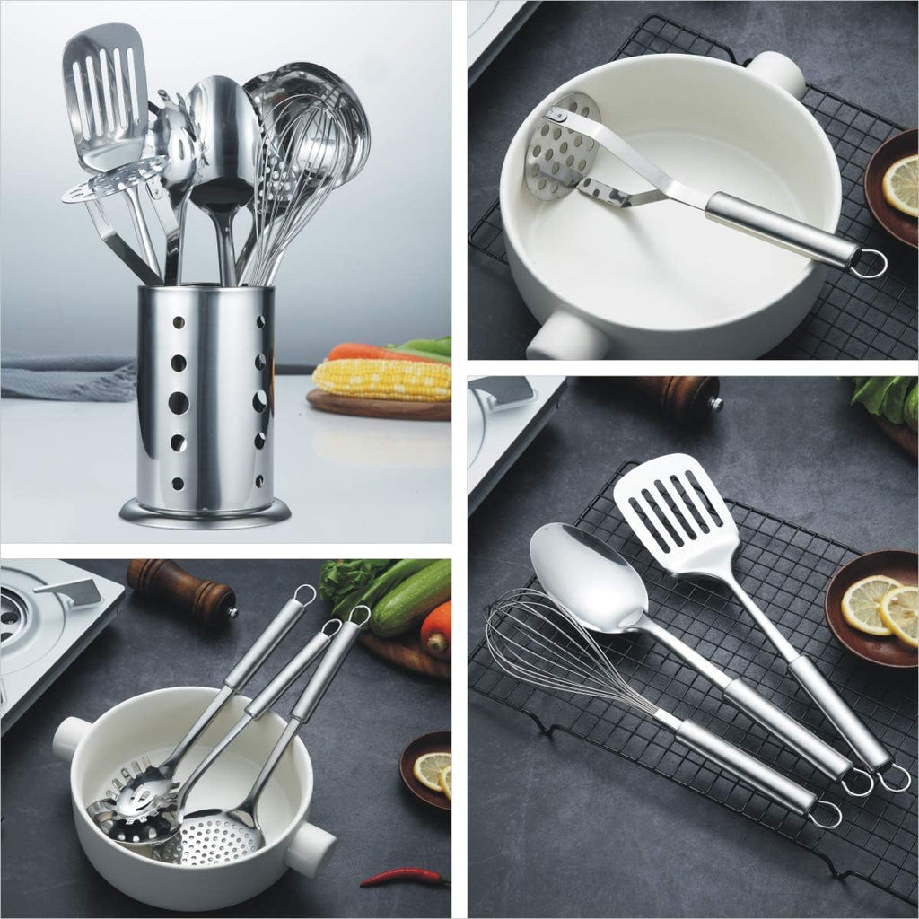 Cooking Utensil Set 8 Piece, Stainless Steel Kitchen Tool Set with Stand,Cooking Utensils, Slotted Tuner, Ladle