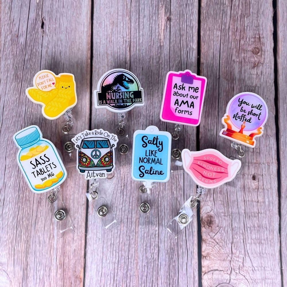 8 PC Funny Nurse Badge Reel Retractable ID Card Holder; Cute Nurses Reels Clip Holders Lanyard Accessories for ER CNA