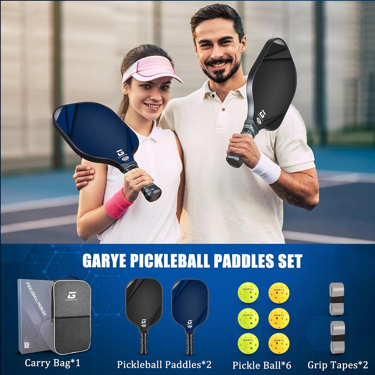 Pickleball Paddles Set of 2/4, USAPA Approved Carbon Fiber Pickleball Set, Lightweight Pickle Ball Rackets 2/4 Pack