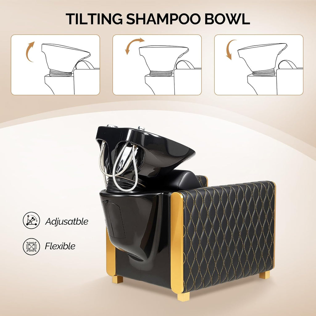 Shampoo Bowl and Chair Set for Salon, Tilting Ceramic Basin, PVC Leather, Gold Legs, Complete Plumbing Kit