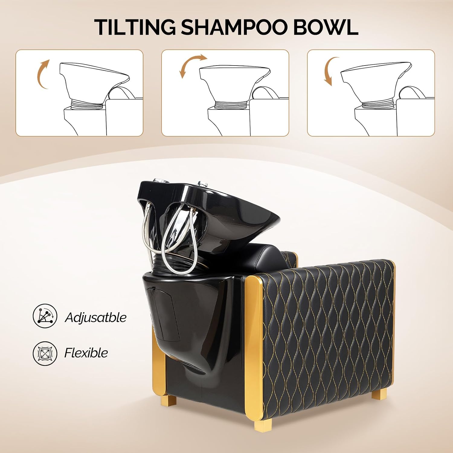 Shampoo Bowl and Chair Set for Salon, Tilting Ceramic Basin, PVC Leather, Gold Legs, Complete Plumbing Kit