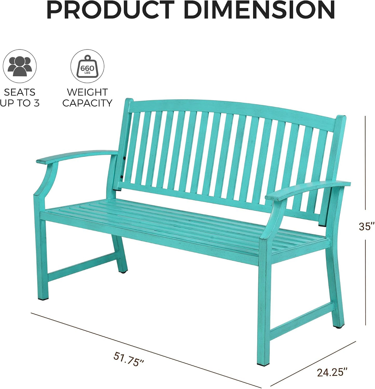 52" Farmhouse Outdoor Bench with Armrest, Turquoise Blue | Anti-rust Aluminum Frame, Faux Wood Grain Finish