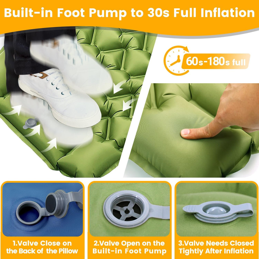 4in Ultralight Camping Sleeping Pad with Pillow and Foot Pump | Wide Compact Inflatable Camping Mat for Travel, Tent