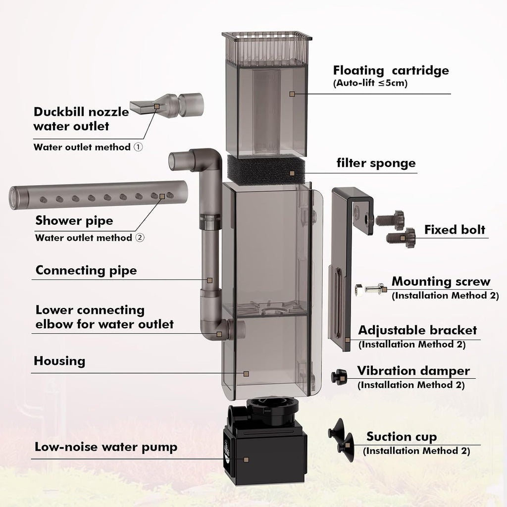 Aquarium Surface Skimmer up to 50 Gallon Aquariums, 132GPH Flow Skimmer with Dual Outlet & Wave Maker Function, 6W
