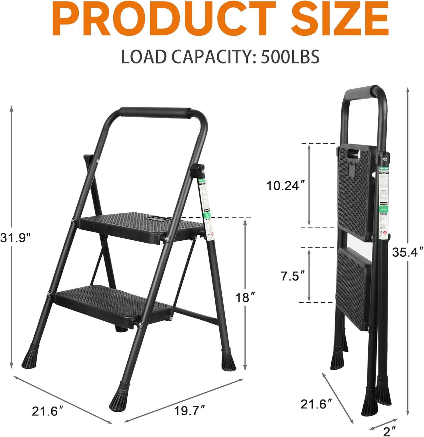 Step Ladder, Folding Step Stool with Wide Anti-Slip Pedals, Sturdy Steel Ladder with Handrail, Space-Saving, Portable