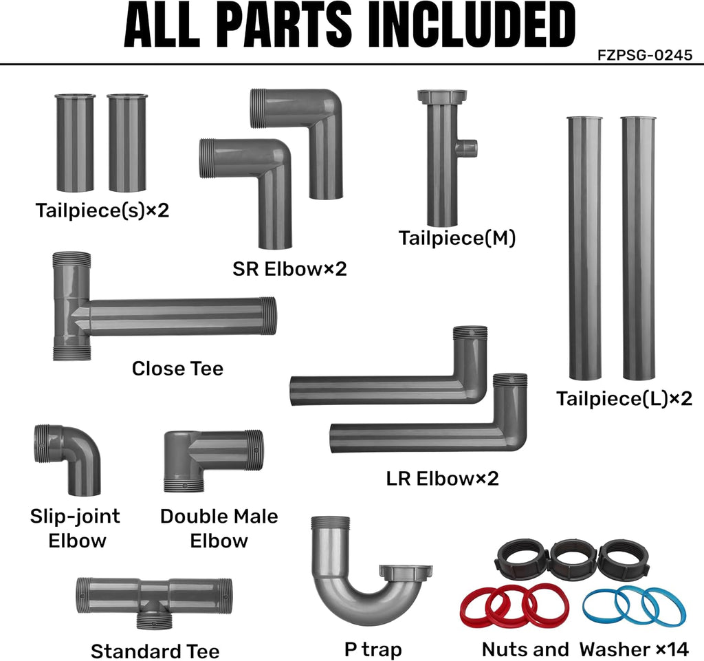Universal 1-1/2 In Kitchen Sink Drain Kit, P-Trap And S-Trap Set | Single Or Double Bowl, Wall/Floor Connections