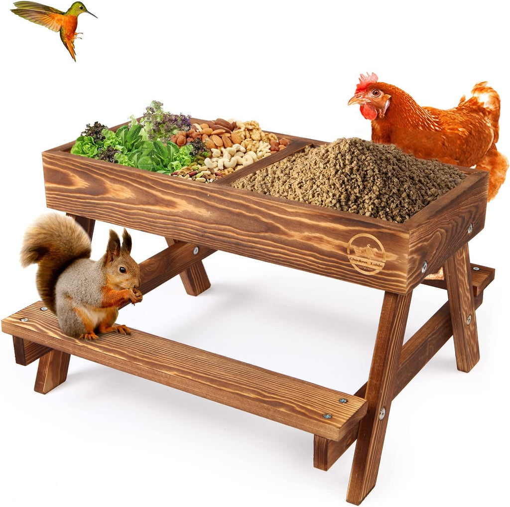 Chicken Table No Waste, Chicken Picnic Feeder Handmade Carbonized Wooden, Large DIY Chicken Feeder Kit, Wild Bird