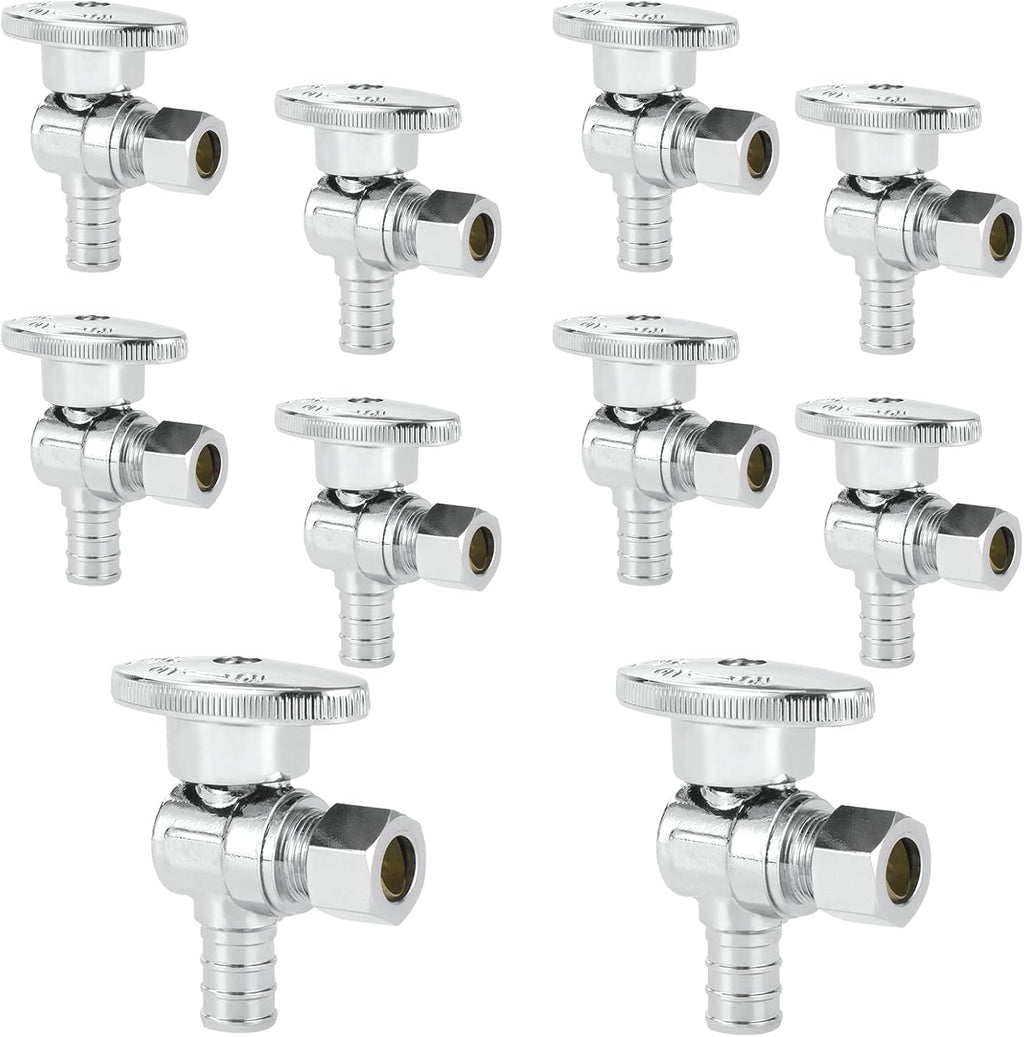 10PC HeSun 1/2" PEX-B Crimp x 3/8" OD Compression Angle Stop Valve | 1/4 Turn Shut Off Valve,for Bathroom, ASTM