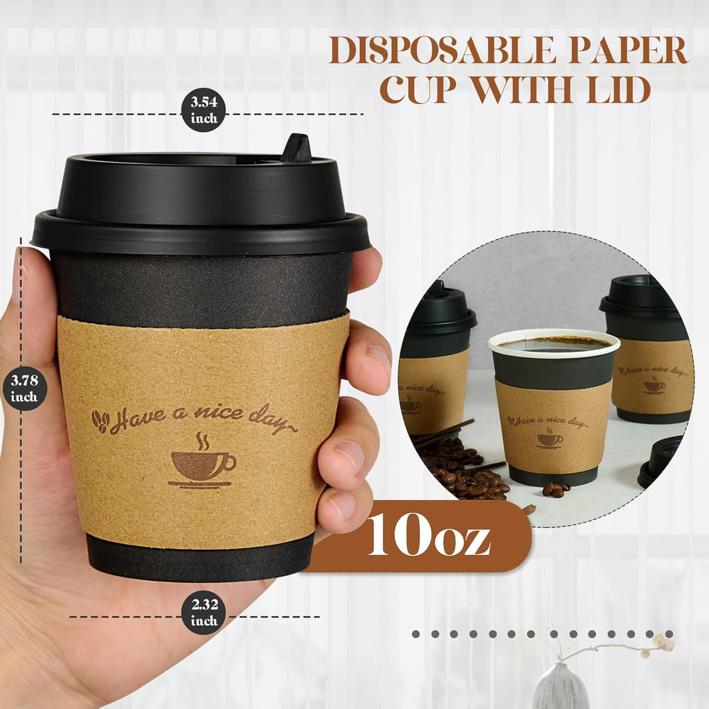 100 Pack 10 oz Coffee Cups with Lids, Disposable Coffee Cups
