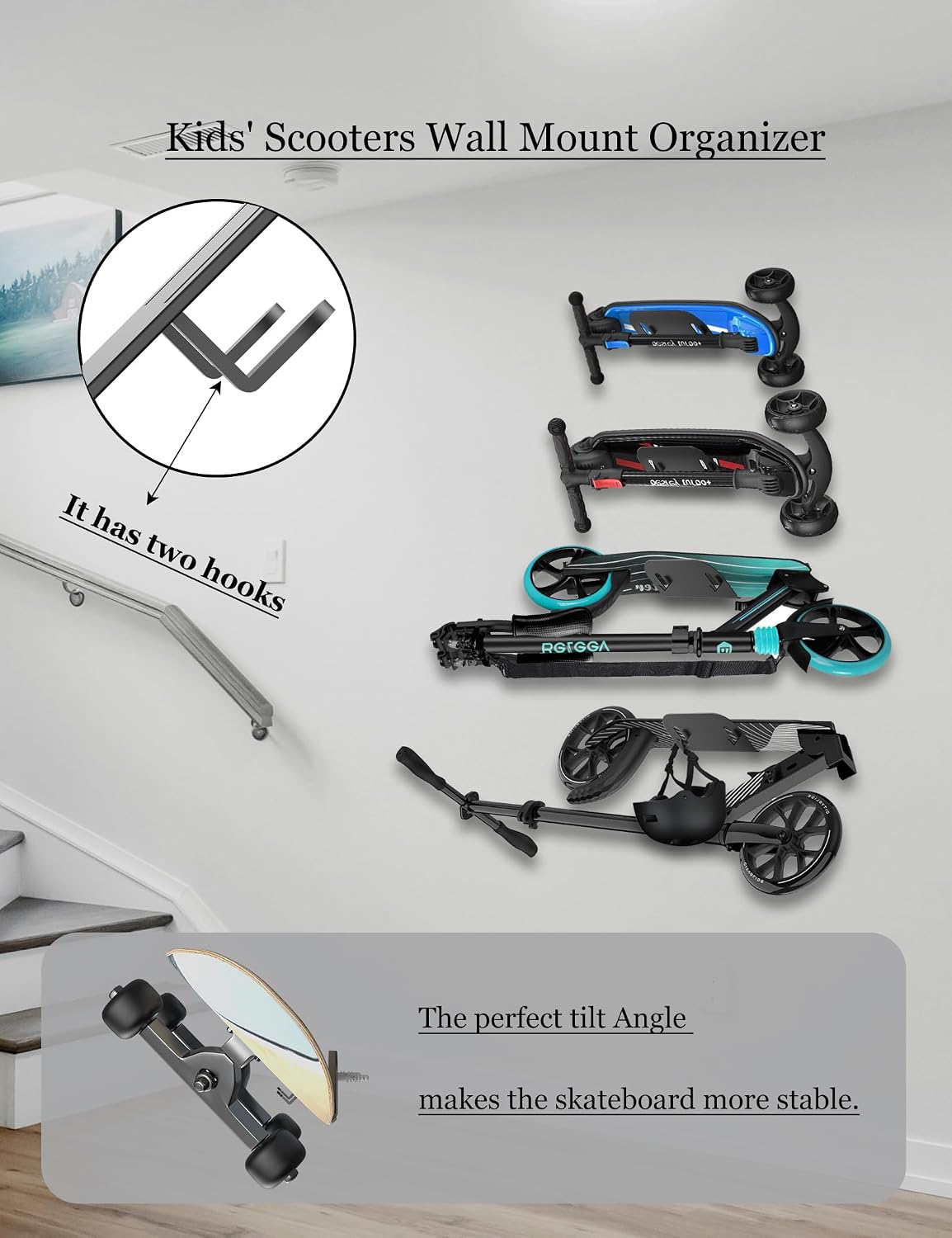 Wall Mount Holder for Skateboard/Snowboard/Longboard, Skate Deck Wall Mount Fit for Scooters/Skis Wall Hanger