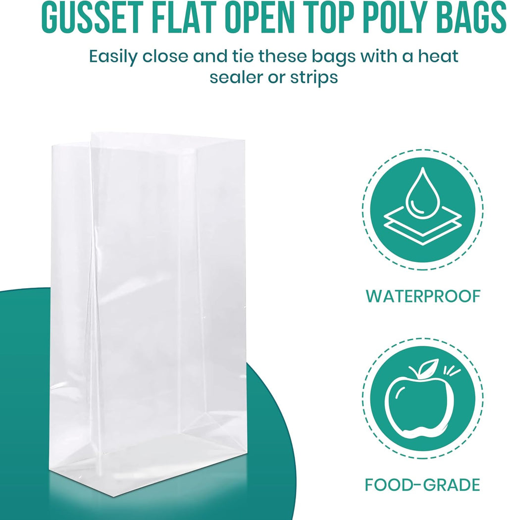 16" x 14" x 36" (100 Count) Gusseted Flat Top - 1.5-Mil Clear Poly Bags with Open End Top. Clear Bags for Favors