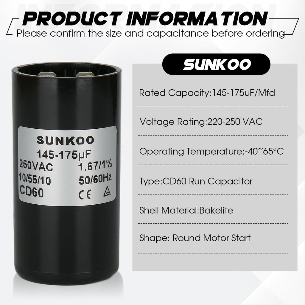 CD60 Motor Start Capacitor, 145–175 uF, 220–250VAC, 50/60Hz, Round Start Capacitor for AC Motor, Air Compressor, Well Pump, Pool Pump