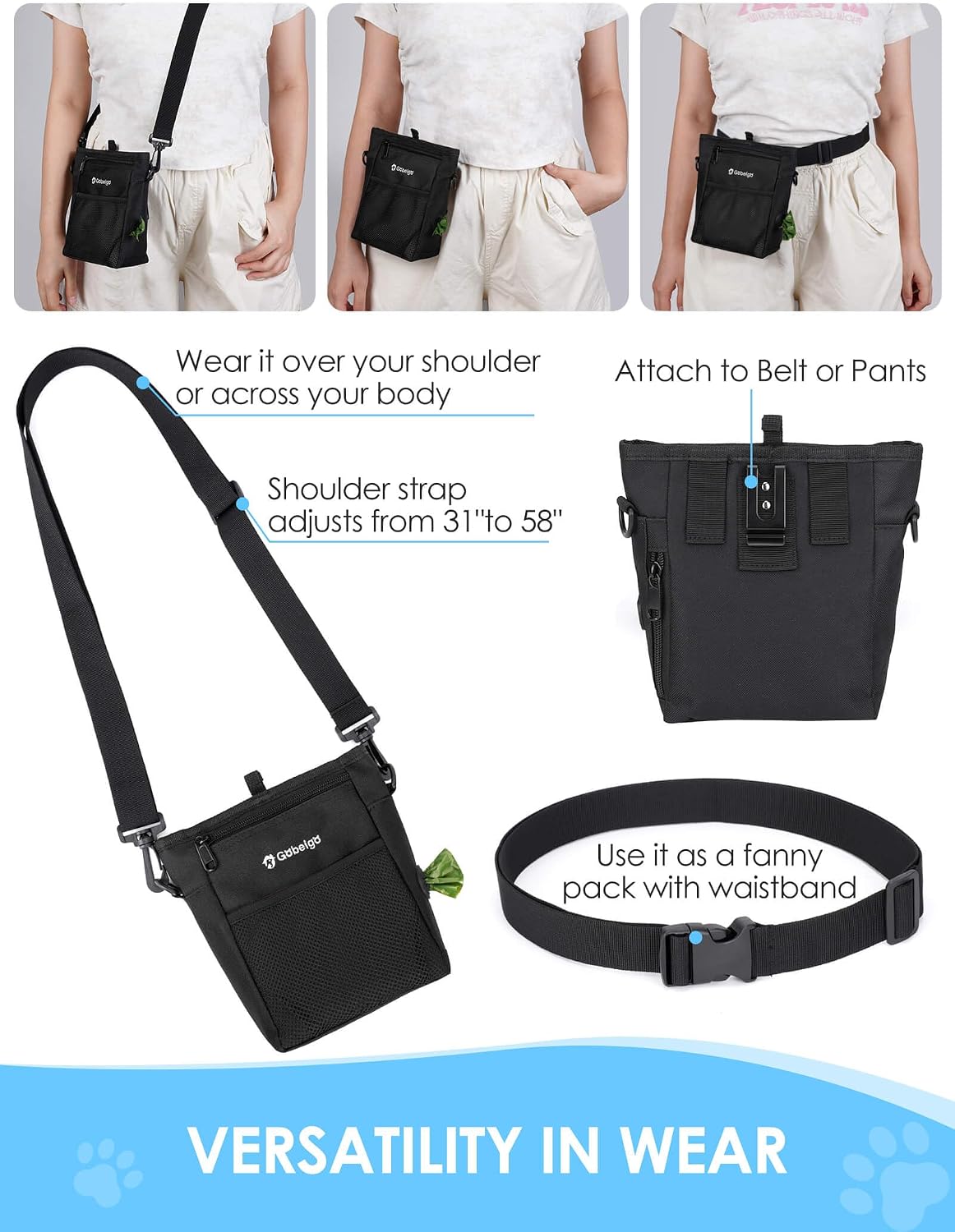 Dog Treat Pouch, Magnetic Closure & Sealable Silicone Bag Insert, 4-Cup Capacity – Belt Clip/Waist Belt/Crossbody