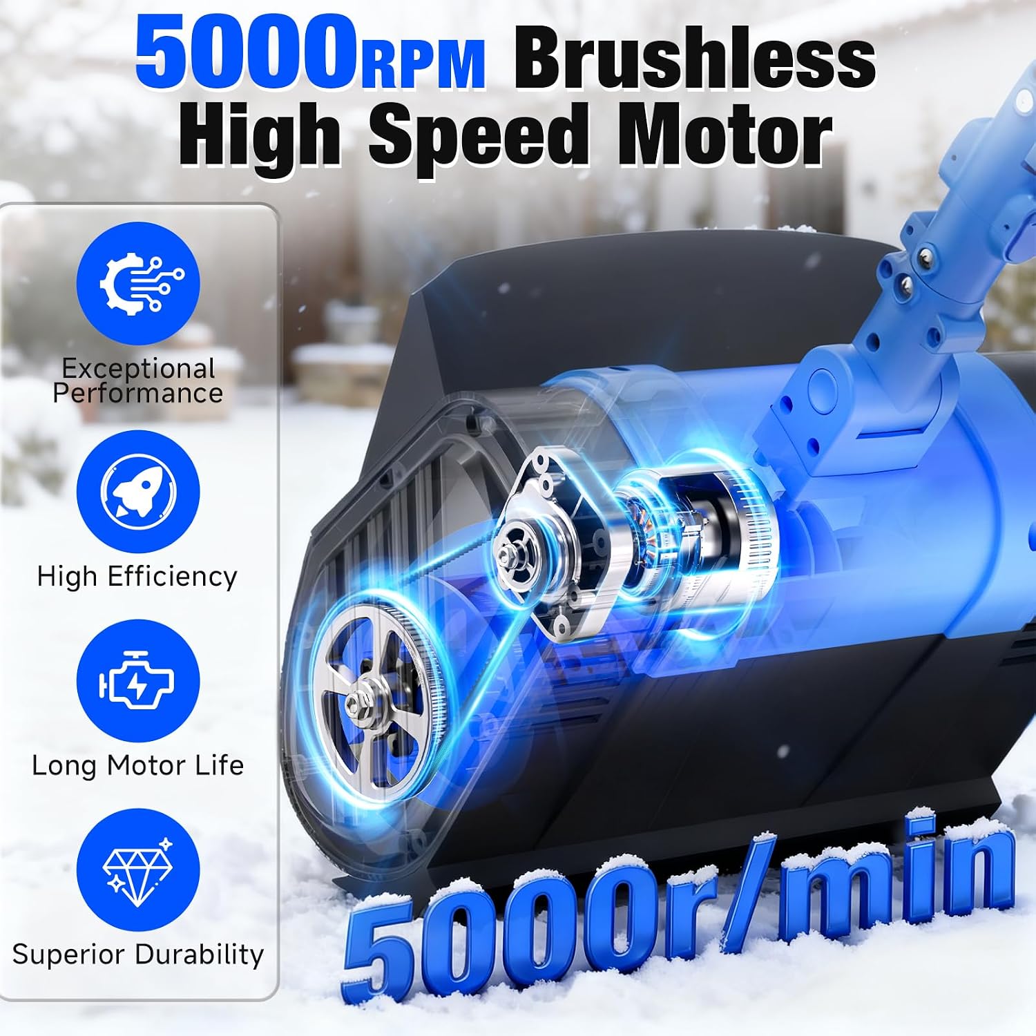 Electric Cordless Snow Shovel, 14.4-Inch | 24V | 5.0Ah Brushless Cordless Snow Blower with Battery and Charger, 26ft