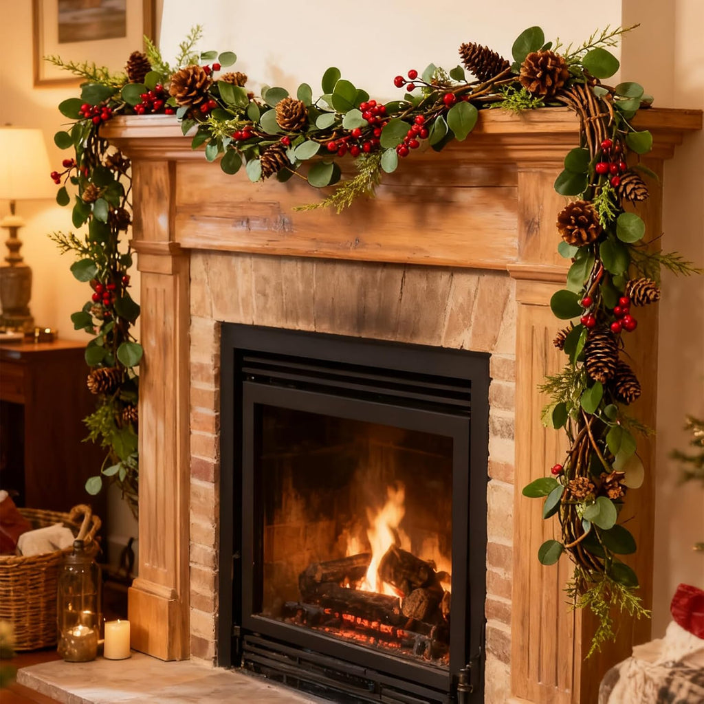 6 Feet Red Berry with Pine Cones Garlands Christmas Garland Realistic Real Touch Garland Artificial Green Leaves