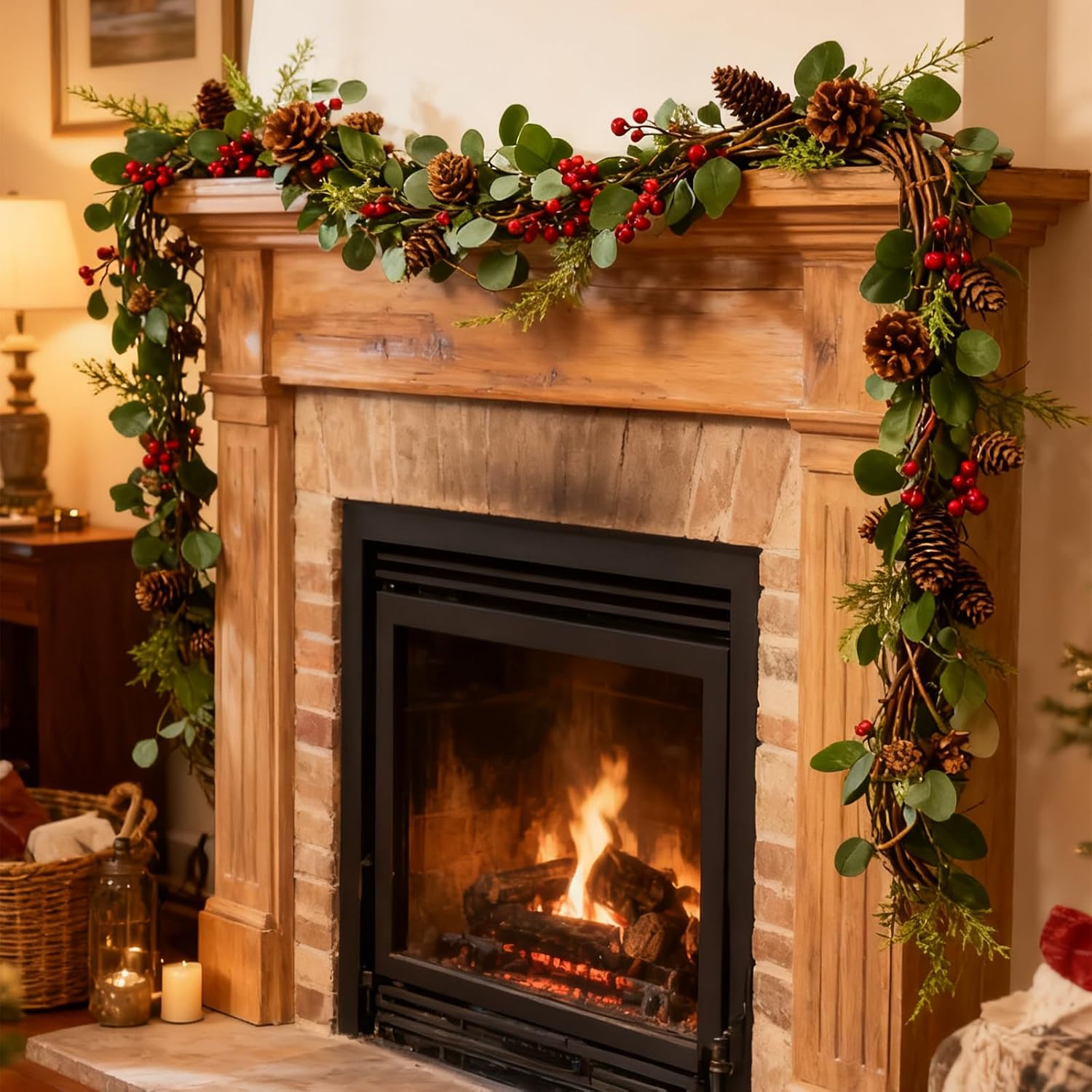 6 Feet Red Berry with Pine Cones Garlands Christmas Garland Realistic Real Touch Garland Artificial Green Leaves