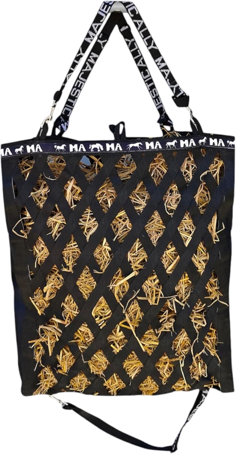 Double Side Open Slow Feeder Hay Bag - Diamond shaped Obliquely Placed Webbing (Black)