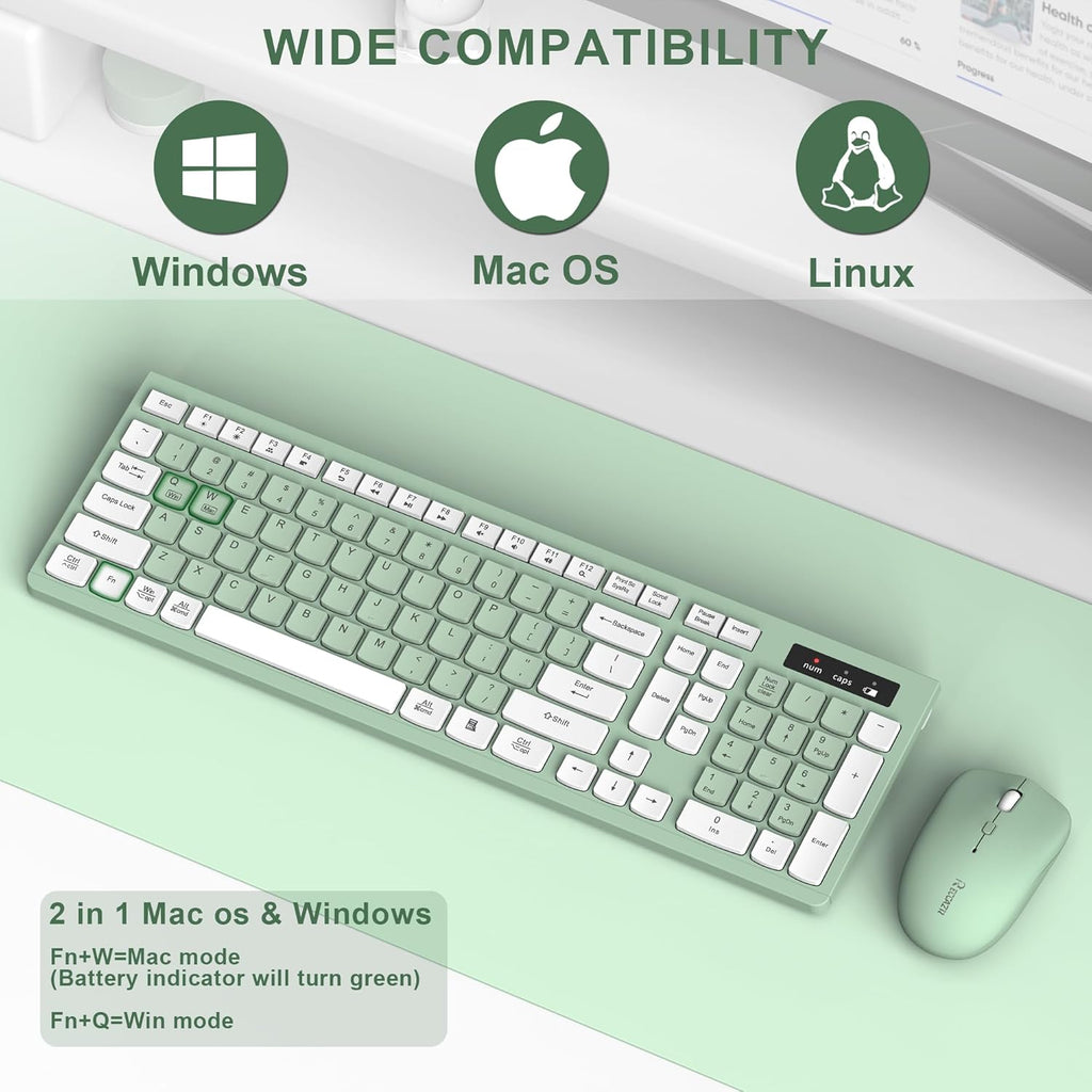 Wireless Keyboard and Mouse Combo Silent for Office and Home(Avocado Green) | 2.4G Full Size Silent Cordless Keyboard