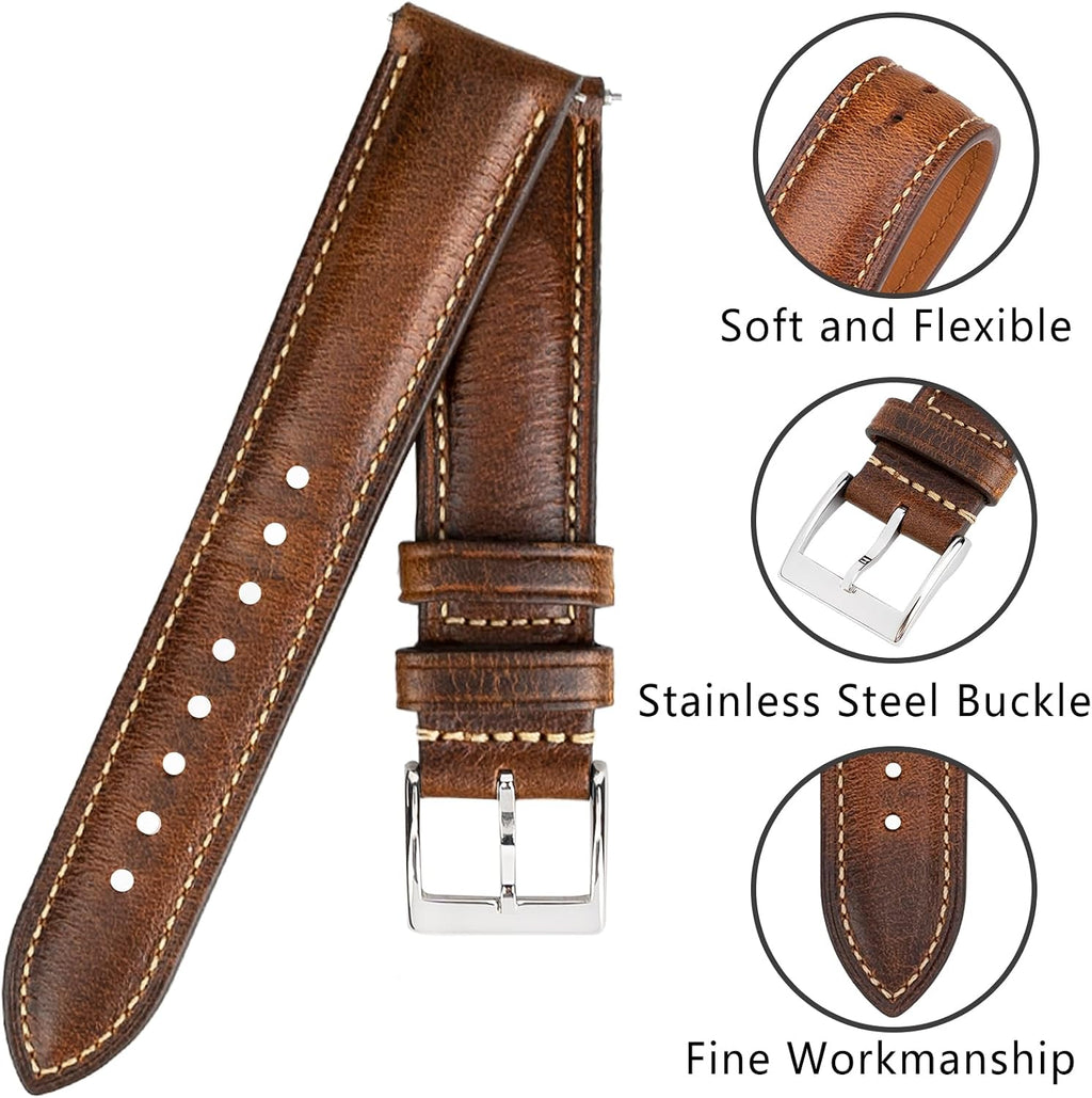 Quick Release Leather Watch Band 14mm 16mm 18mm 19mm 20mm 21mm 22mm 24mm,Vintage Oil Wax-tanned Pull-up Men's Watch