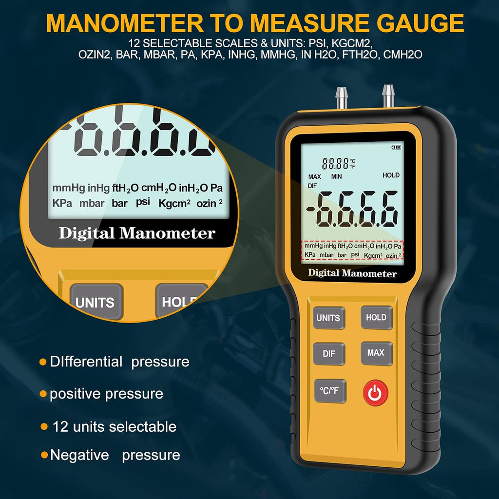 Manometer, Professional Air Pressure Meter, Dual-Port HVAC