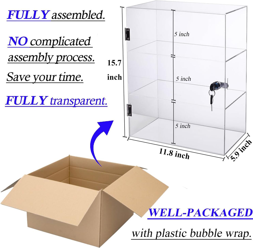 Acrylic Display Case with Lock, Collectibles Showcase Clear | Countertop Locking Display Cabinet with Shelves and