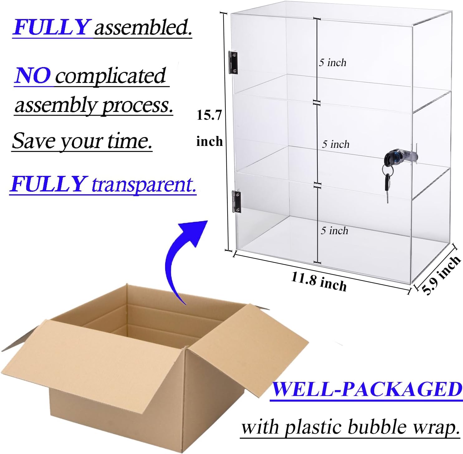 Acrylic Display Case with Lock, Collectibles Showcase Clear | Countertop Locking Display Cabinet with Shelves and