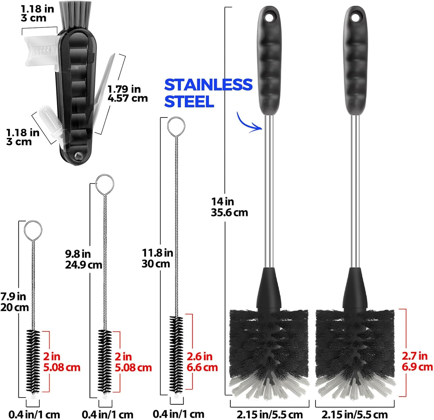 6 Pack Bottle Brush Set, 14" Long Handle Stainless Steel Bottle Cleaner Brush, 3 Straw Brushes, 4-in-1 Bottle